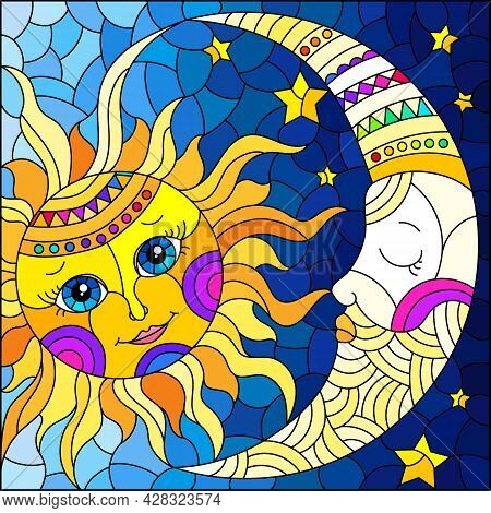 Illustration In The Style Of A Stained Glass Window With A Cute Sun And Moon On A Blue Sky Backgroun