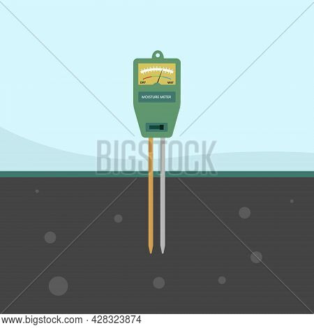 Professional Moisture Meter Tool Put In Soil Outdoors For Measuring Percentage Of Water In Soil Flat