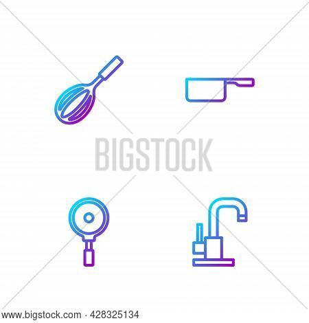 Set Line Water Tap, Frying Pan, Kitchen Whisk And Saucepan. Gradient Color Icons. Vector