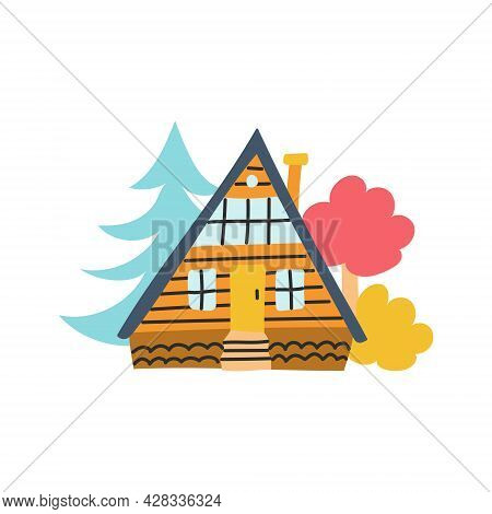 Wooden Hut House. Vector Illustration In Flat Style On A White Background.