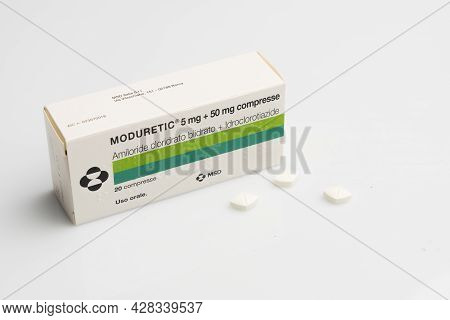Carrara, Italy - July 30, 2021 - Box Of Moduretic Tabs Used To Help Reduce The Amount Of Excess Flui