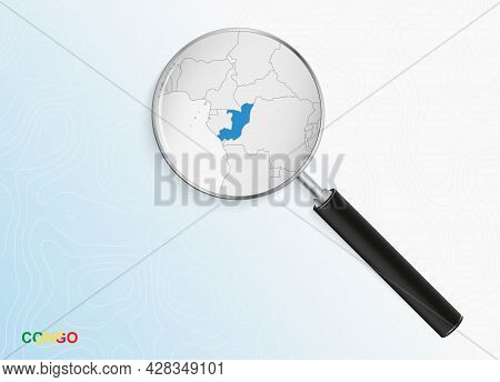 Magnifier With Map Of Congo On Abstract Topographic Background. Vector Map.