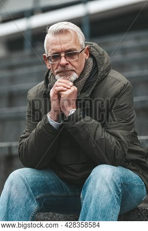 Praying Hands, Sin. Faithy Elderly Christian Man In Despair. Church Parishioner.