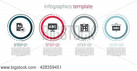 Set Exam Sheet With A Plus Grade, Alphabet, School Building And Chalkboard. Business Infographic Tem
