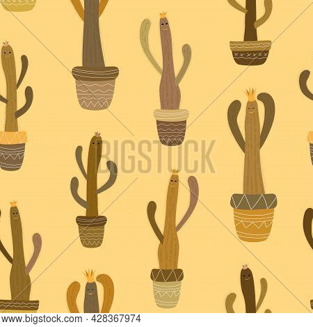 Seamless Pattern Cacti Cereus In Brown Shades With Crowns, Eyes And Smiles In Pots With Ethnic Patte