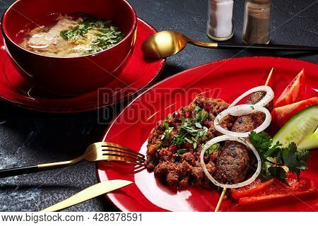 Set Lunch With Chicken Soup, Lobio, Lyulya Kebab And Vegetables