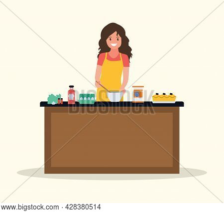 A Housewife Woman In An Apron Prepares Food. Vector Illustration.