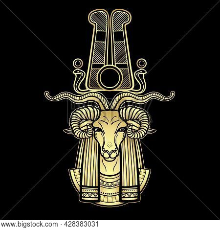 Animation Portrait Ancient Egyptian God Khnum. Deity Of Nile Source, God With Ram. Gold Imitation. V