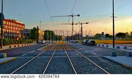 Prague, Czech Republic - June 23, 2021: Straight Tram Track Going Around Business Park And Construct
