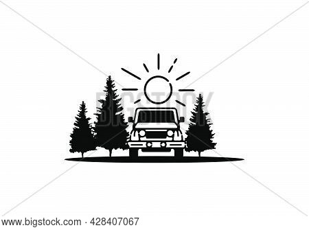 Off Road Car, Sun, And Pine Trees Illustration