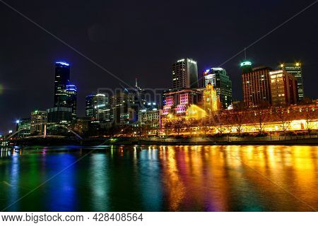 Colourful Waterfront Of Melbourne City And Flinders Street Station Historic Building With Lights Ref