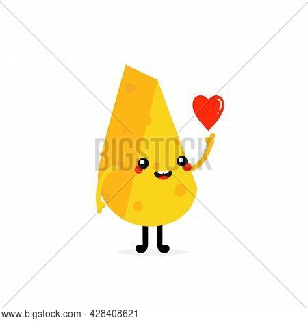Cute Smiling Cartoon Style Cheese Chunk Character Holding In Hand Red Heart. Love And Kindness Conce
