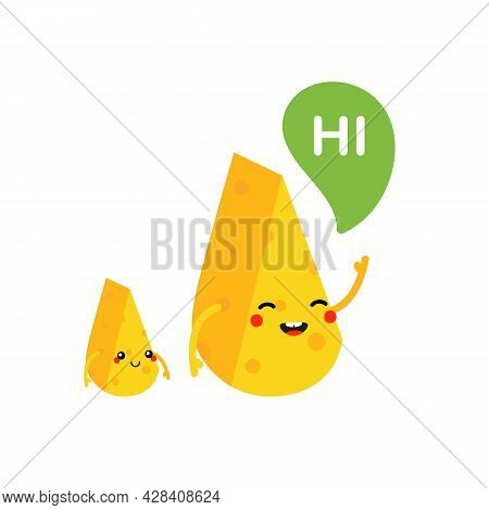Couple Of Cute Smiling Cartoon Style Cheese Chunks, Dairy Product Characters With Speech Bubble Sayi