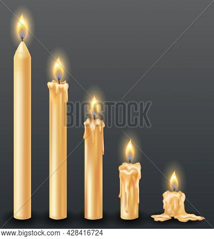 Burning Candles With Dripping Or Flowing Wax. Yellow Candles With Golden Flame. Lit And Melted Wax. 