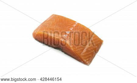 A Piece Of Fresh Salmon On A White Background.