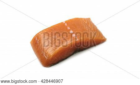 A Piece Of Fresh Salmon On A White Background.