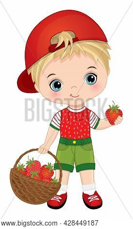 Cute Little Boy Carrying A Basket Of Strawberries. Vector Strawberry. Cute Boy Is Blond. Little Boy 