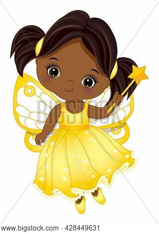 Little Fairy Has Ponytails. Cute Black Little Fairy Wearing Yellow Dress Holding Magic Wand. African