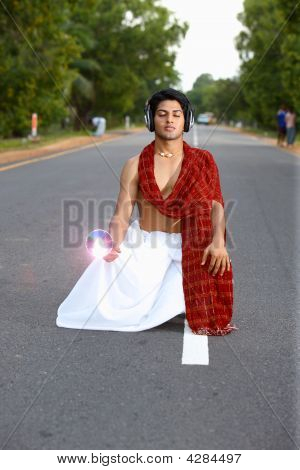 Obszarów wiejskich człowiek ze słuchawkami