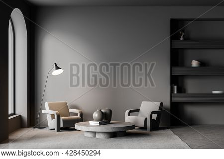 Living Room With Empty Wall, Concrete Floor, Arch Window, Three Shelves In The Niche, Two Armchairs,