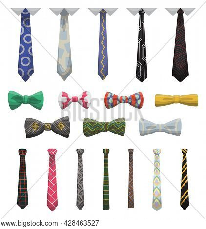 Collection of ties and bow ties. Men fashioned accessories. Clothes design element over isolated on white background. Fabric items for male wardrobe in elegant style