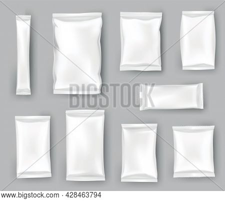 Packaging mockups or pouchs template set. Realistic glossy blank of doy pack, chip snacks, candy pack or cosmetic products package. Plastic packs template ready for branding