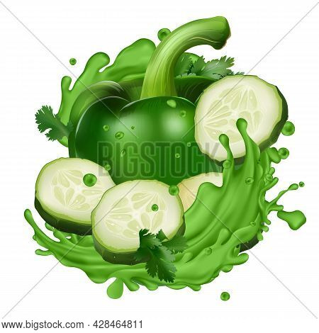 Green Pepper And Cucumber Slices In Splashes Of Vegetable Juice