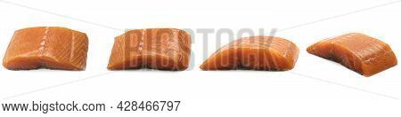 A Piece Of Fresh Salmon On A White Background.