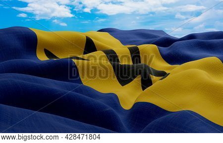 Barbados Flag In The Wind. Realistic And Wavy Fabric Flag. 3d Rendering.