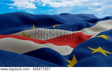 Caple Verde Flag In The Wind. Realistic And Wavy Fabric Flag. 3d Rendering.