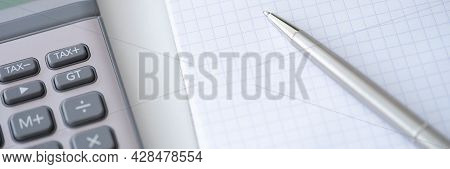 Template With Caculator Pen Notepad On White Table Top View Background.