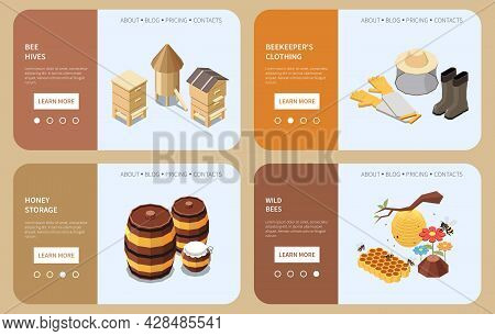 Beekeeping Landing Page Set With Bee Hives Beekeeper Clothing Honey Storage Wild Bees Isometric Icon