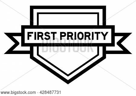 Vintage Pentagon Label Banner With Word First Priority In Black Color On White Background