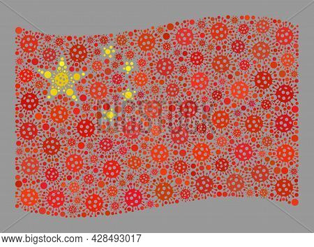 Mosaic Waving China Flag Designed With Bacilla Items. Vector Coronavirus Collage Waving China Flag O