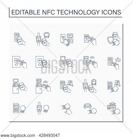 Nfc Technology Line Icons Set. Safety Payment System On Smart Watch Or Mobile Phone. Near Field Comm