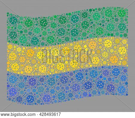 Mosaic Waving Gabon Flag Created With Covid Elements. Vector Covid Mosaic Waving Gabon Flag Created 