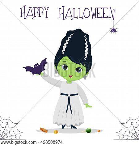 Halloween Party. A Cute Girl Dressed As A Monster Friend Of Frankenstein Is Holding A Bat, Candy, A 
