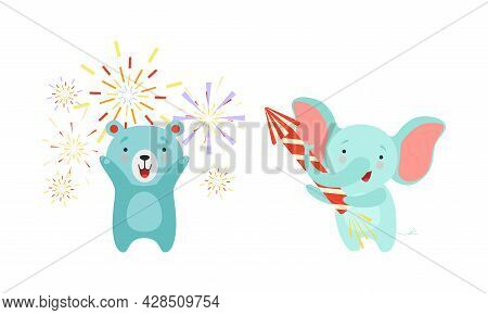 Cute Animal With Fireworks Enjoying Holiday Celebration Vector Set