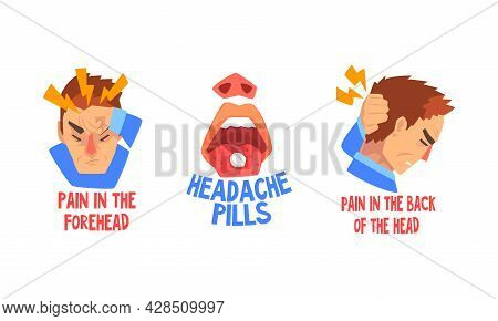 Man Suffering From Severe Headache Holding Hand Against Forehead And Back Of The Head Vector Set