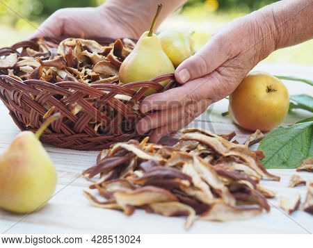 The Season For Harvesting Dried Fruits For Future Use. Woman's Hands Hold Dried Pears. Natural Backg