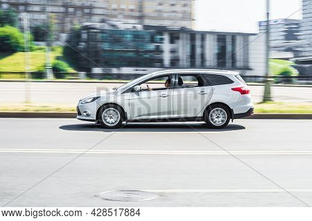 Silver Car Ford Focus Wagon Mk Iii In The City Street. Moscow, Russia - July 2021