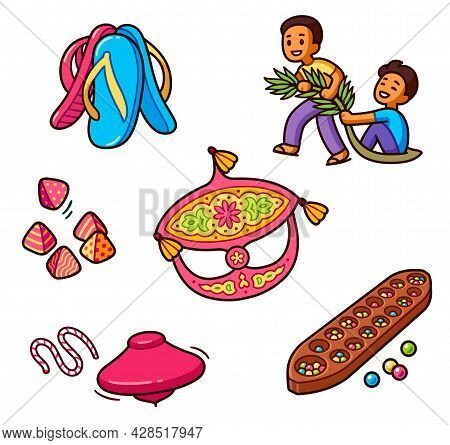 Traditional Malaysian Game Set. Cartoon Drawing Of Fun Games Of Malay Children. Vector Clip Art Illu