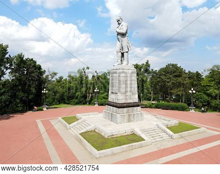 Drone View Of Old Monument To Ukrainian Poet Taras Shevchenko In City Dnipro, Ukraine. A Large Sculp