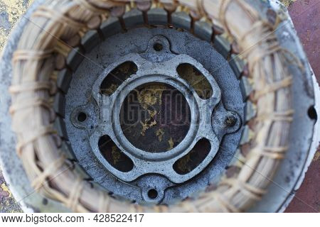Electric Stator Generator With Winding Coil. Industry Background Concept. Selective Focus View
