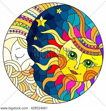 Illustration In The Style Of A Stained Glass Window With A Cute Sun And Moon On A Blue Sky Backgroun