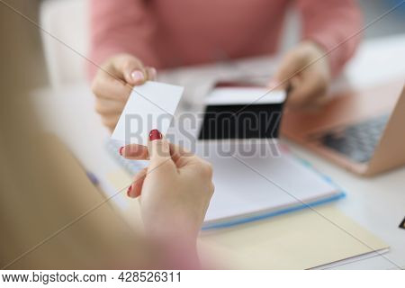 Female Hand Give Blank Calling Card Visitor Closeup