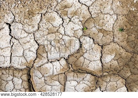 Dry  Cracked Chalk Road In The Process Of Drought And Lack Of Rain Or Moisture. Hydrological Drought