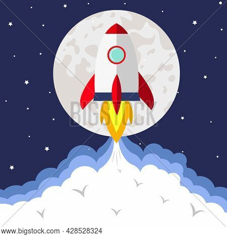 Rocket For Startup Business Project. Paper Cut Startup Poster Template With Space Rocket. Concept Bu