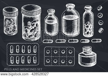 Vector Set Of Hand Drawn Chalk Pills And Medicines Stock Illustration