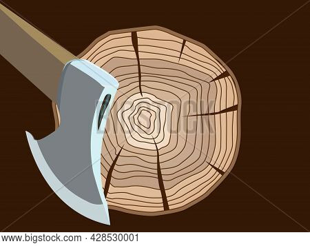 Vector Illustration Depicting A Lumberjack Ax And A Log In A Cartoon Style For Prints On Banners, Po